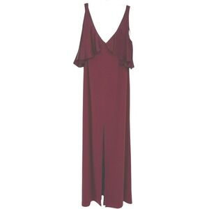 Jill Jill Stuart Gown Women 12 Burgundy V-Neck Ruffle Cold Shoulder Front Slit